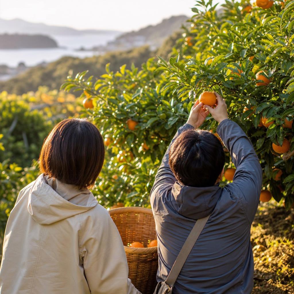カップルでみかん狩り